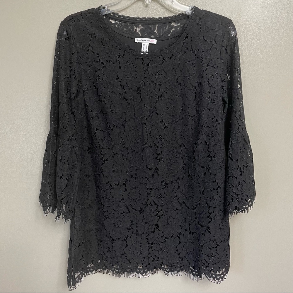 Isaac Mizrahi women size Small Floral Lace Knit Top Lace Details bell sleeves